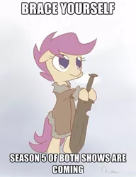 Size: 500x651 | Tagged: artist:alasou, a song of ice and fire, brace yourselves, crossover, derpibooru import, eddard stark, exploitable, exploitable meme, game of thrones, image macro, meme, ponified, safe, scootaloo, season 5, solo, winter is coming