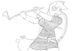 Size: 1280x878 | Tagged: angry, anthro, applejack, artist:devs-iratvs, axe, chainmail, derpibooru import, missing accessory, monochrome, safe, solo, viking, weapon