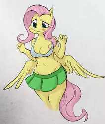 Size: 1085x1280 | Tagged: adorasexy, anthro, artist:deeriojim, artist:glacierclear, belly button, blushing, bra, breasts, cleavage, clothes, color edit, cute, derpibooru import, female, fluttershy, midriff, sexy, simple background, skirt, solo, solo female, suggestive, underwear, white background, white underwear