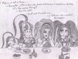 Size: 2176x1648 | Tagged: safe, artist:poseidonathenea, derpibooru import, adagio dazzle, aria blaze, sonata dusk, ponified, equestria girls, burrito, eating, human ponidox, monochrome, pencil drawing, the dazzlings, traditional art