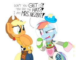 Size: 5006x3940 | Tagged: safe, artist:zutheskunk, banned from derpibooru, deleted from derpibooru, derpibooru import, applejack, rainbow dash, absurd resolution, apron, buzz lightyear, cider, clothes, crossover, dialogue, image, mrs nesbitt, png, scene interpretation, simple background, toy story, white background, woody