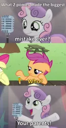 Size: 870x1677 | Tagged: safe, derpibooru import, edit, edited screencap, screencap, apple bloom, scootaloo, sweetie belle, pegasus, pony, unicorn, bloom and gloom, bad sweetie belle joke, female, filly, foal, image macro, joke, meme, microphone, pencil, shots fired