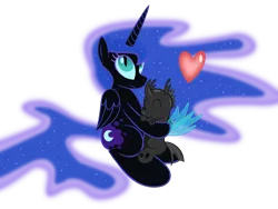 Size: 4000x3000 | Tagged: safe, artist:drawponies, artist:plasmana, derpibooru import, nightmare moon, alicorn, changeling, pony, cute, heart, hug, missing accessory, nicemare moon, simple background, snuggling, transparent background, vector