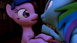 Size: 640x360 | Tagged: suggestive, artist:twily404, derpibooru import, rainbow dash, twilight sparkle, pegasus, pony, unicorn, 3d, animated, female, french kiss, kissing, lesbian, mare, sexy, shipping, sinfully sexy, sloppy kissing, source filmmaker, tongue sucking, twidash, unf