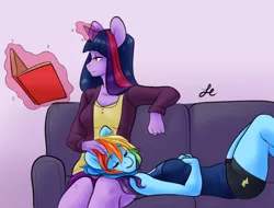 Size: 658x500 | Tagged: safe, artist:ambris, artist:lolopan, derpibooru import, rainbow dash, twilight sparkle, anthro, unicorn, blouse, book, breasts, clothes, couch, eyes closed, female, glowing horn, head pat, horn, lesbian, magic, mare, pat, petting, reading, shipping, shorts, sleeping, smiling, telekinesis, twidash