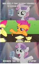 Size: 1325x2189 | Tagged: safe, derpibooru import, apple bloom, scootaloo, sweetie belle, squirrel, bloom and gloom, bad sweetie belle joke, spongebob squarepants, squirrel jokes