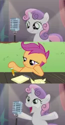 Size: 870x1674 | Tagged: safe, derpibooru import, edit, edited screencap, screencap, scootaloo, sweetie belle, pegasus, pony, unicorn, bloom and gloom, bad sweetie belle joke, curtains, duo, female, filly, foal, hat, microphone, notepad, pencil, stage, template