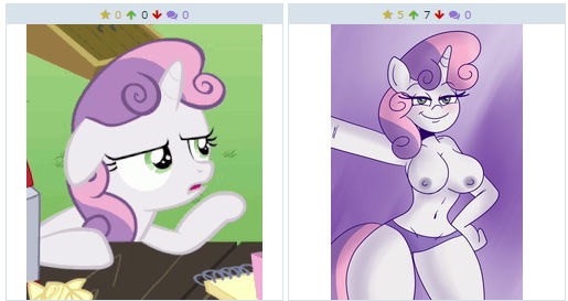 Size: 515x273 | Tagged: anthro, breasts, busty sweetie belle, derpibooru, derpibooru import, exploitable meme, female, juxtaposition, juxtaposition win, meme, meta, nudity, questionable, sweetie belle