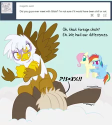 Size: 1035x1157 | Tagged: safe, artist:dbkit, derpibooru import, dumbbell, fluttershy, gilda, rainbow dash, gryphon, ask, swearing, tumblr, younger