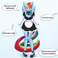 Size: 1500x1500 | Tagged: suggestive, artist:helixjack, derpibooru import, rainbow dash, oc, anthro, human, pegasus, plantigrade anthro, ankle cuffs, clothes, cosplay, dialogue, encasement, female, forced, forced cosplay, high heels, image, latex, latex suit, latex under clothes, locking high heels, maid, mask, masking, padlock, png, ponysuit, seams, simple background, solo, solo female