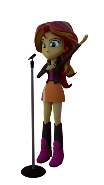 Size: 1080x1920 | Tagged: safe, artist:creatorofpony, derpibooru import, sunset shimmer, equestria girls, /mlp/, 3d, 3d model, blender, boots, christian sunset shimmer, clothes, jacket, microphone, microphone stand, shirt, skirt, smiling, solo