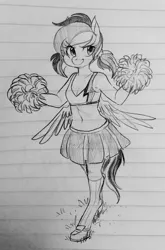 Size: 847x1280 | Tagged: alternate hairstyle, anthro, artist:glacierclear, belly button, cheerleader, clothes, derpibooru import, lined paper, midriff, monochrome, pigtails, pom pom, rainbow dash, safe, sketch, skirt, solo, traditional art, unguligrade anthro