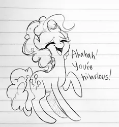 Size: 1200x1280 | Tagged: artist:glacierclear, derpibooru import, eyes closed, laughing, lined paper, monochrome, open mouth, pinkie pie, raised hoof, safe, sketch, solo, traditional art