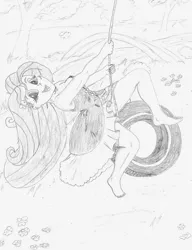 Size: 2471x3221 | Tagged: safe, artist:bigmacintosh2000, derpibooru import, fluttershy, equestria girls, barefoot, clothes, dress, feet, monochrome, pencil drawing, smiling, swing, tire swing, traditional art