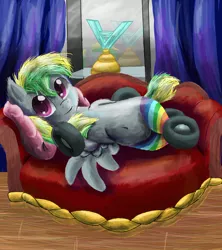 Size: 3349x3772 | Tagged: artist:owlvortex, belly button, couch, curtains, derpibooru import, draw me like one of your french girls, looking at you, oc, oc:wheely bopper, original species, safe, smiling, solo, trophy, unofficial characters only, wheelpone