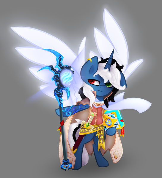 Size: 2267x2496 | Tagged: safe, artist:zmei-kira, derpibooru import, oc, oc:strange nexus, unofficial characters only, pony, unicorn, artificial wings, augmented, bipedal, book, clothes, earring, fantasy class, frown, glare, heterochromia, hoof hold, mage, magic, magic wings, solo, spread wings, staff, sword, warcraft, wings, wizard, world of warcraft