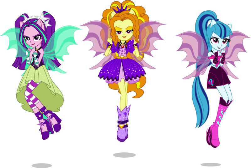 Size: 12905x8669 | Tagged: safe, artist:auburnborbon, derpibooru import, adagio dazzle, aria blaze, sonata dusk, equestria girls, rainbow rocks, absurd resolution, boots, fin wings, levitation, ponied up, shoes, simple background, sleeveless, the dazzlings, transparent background, vector