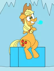 Size: 1225x1609 | Tagged: safe, artist:hunterxcolleen, derpibooru import, applejack, earth pony, pony, applejack's hat, cave, cold, cowboy hat, freezing, freezing fetish, hat, ice, ice cube, icicle, image, jpeg, shivering, sitting