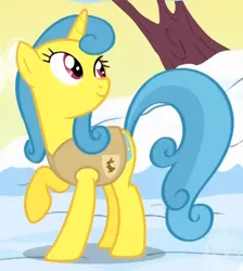 Size: 441x493 | Tagged: safe, derpibooru import, screencap, lemon hearts, pony, unicorn, winter wrap up, animal team, background pony, cropped, female, looking up, mare, raised hoof, snow, solo, winter wrap up vest