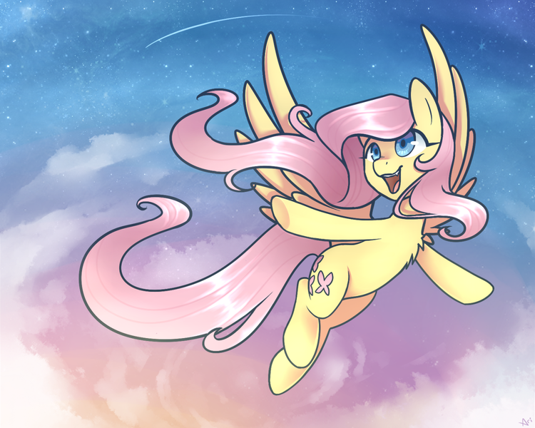 Size: 1280x1024 | Tagged: safe, artist:hawthornss, derpibooru import, fluttershy, chest fluff, cloud, cloudy, fangs, flying, happy, shooting star, sky, solo