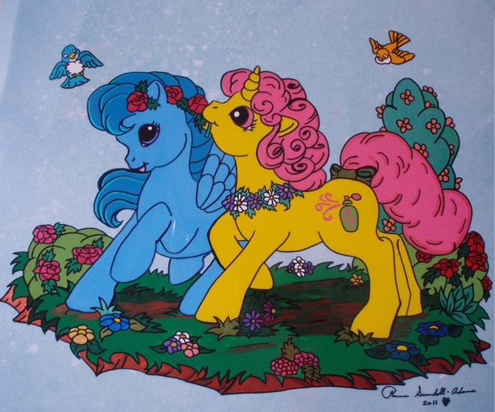 Size: 750x624 | Tagged: safe, artist:lilsugarberry, derpibooru import, blueberry baskets, red roses, bird, pegasus, pony, unicorn, animation cel, duo, female, flower, g1, mare, signature, traditional art