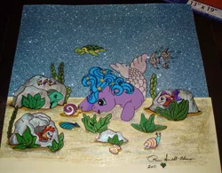 Size: 1255x980 | Tagged: artist:lilsugarberry, baby sea shimmer, derpibooru import, fancy mermaid ponies, fish, g1, merpony, safe, snail, turtle, underwater