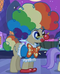 Size: 222x274 | Tagged: safe, derpibooru import, screencap, alula, mayor mare, earth pony, pony, luna eclipsed, bowtie, clothes, clown, clown nose, costume, cropped, female, mare, rainbow wig, solo focus