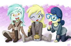 Size: 1314x844 | Tagged: safe, artist:uotapo, derpibooru import, bon bon, derpy hooves, lyra heartstrings, sweetie drops, equestria girls, :o, adorabon, blushing, boots, candy, cute, derpabetes, female, food, glasses, jedi, lollipop, lyrabetes, mint, muffin, one eye closed, open mouth, padawan, shoes, sitting, smiling, star wars, tongue out, twisted bon bon, uotapo is trying to murder us, uotapo will kill us all, wide eyes, wink, younger