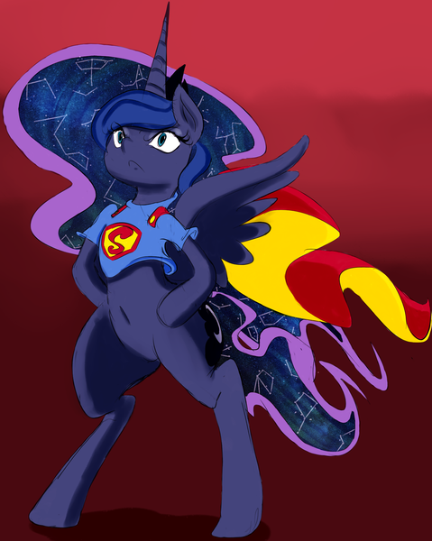 Size: 1608x2015 | Tagged: safe, artist:zev, derpibooru import, princess luna, pony, belly button, bipedal, solo, superman