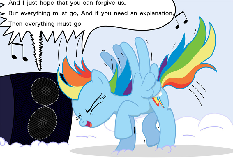 Size: 1000x707 | Tagged: safe, artist:bcrich40, derpibooru import, edit, rainbow dash, cloud, everything must go, headbang, lyrics, manic street preachers, music notes, speakers