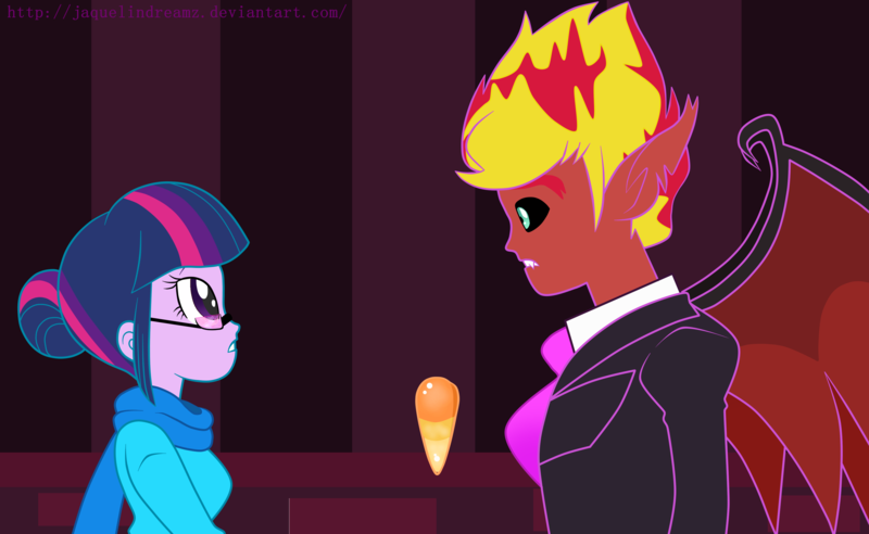 Size: 3640x2240 | Tagged: safe, artist:jaquelindreamz, derpibooru import, sunset shimmer, twilight sparkle, twilight sparkle (alicorn), equestria girls, crossover, equestria guys, half r63 shipping, lewis, mystery skulls, parody, rule 63, shipping, sunset glare, sunset lucifer, sunset satan, twiglare, vivi