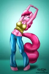 Size: 667x1000 | Tagged: anthro, armpits, artist:sikdrift, belly button, breasts, busty pinkie pie, clothes, derpibooru import, female, midriff, pinkie pie, safe, solo, stretching, tanktop