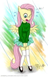 Size: 1200x1920 | Tagged: anthro, artist:vanillafox2035, blushing, clothes, covering, embarrassed, female, fluttershy, skirt, solo, solo female, suggestive, sweater, sweatershy, wind