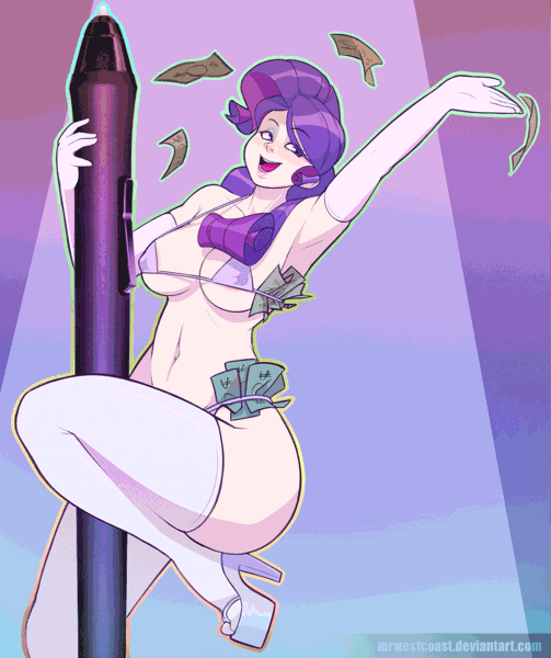 Size: 1257x1500 | Tagged: animated, armpits, artist:mrw32, belly button, bra, breasts, busty rarity, clothes, derpibooru import, evening gloves, female, gif, high heels, human, humanized, money, platform heels, pole dancing, questionable, rarity, seizure warning, shoes, solo, solo female, stockings, stylus, underwear