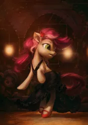 Size: 935x1320 | Tagged: safe, artist:assasinmonkey, derpibooru import, roseluck, earth pony, pony, beautiful, clothes, dancing, dress, female, mare, shoes, solo, spotlight