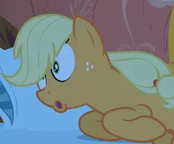 Size: 690x572 | Tagged: safe, derpibooru import, screencap, applejack, pony, look before you sleep, bed, cropped, female, mare, out of context, silly, silly pony, solo, wat
