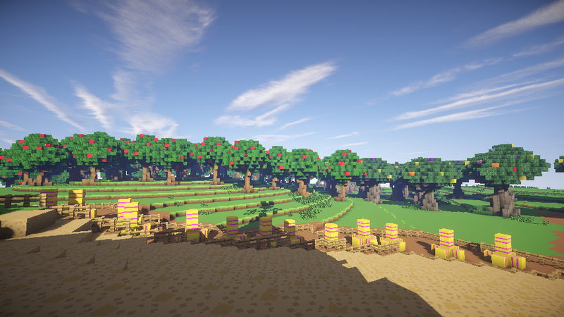 Size: 854x480 | Tagged: safe, derpibooru import, apple orchard, apple tree, brohoof.com, cloud, cloudy, fence, game screencap, hay bale, minecraft, no pony, render, sweet apple acres, tree, zap apple tree