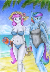Size: 2446x3494 | Tagged: anthro, anthro oc, artist:sinaherib, beach, belly button, bikini, clothes, derpibooru import, oc, oc:amber earring, oc:rainfall, offspring, one-piece swimsuit, parent:fancypants, parent:rainbow dash, parent:rarity, parent:soarin', parents:raripants, parents:soarindash, safe, swimsuit, traditional art, unofficial characters only