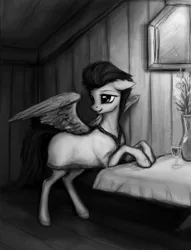 Size: 650x850 | Tagged: safe, artist:lnst01, derpibooru import, oc, oc:brightsky, unofficial characters only, pegasus, pony, female, grayscale, monochrome, solo, spread wings