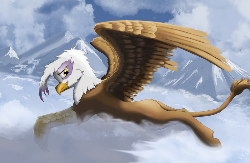 Size: 1280x837 | Tagged: safe, derpibooru import, gilda, gryphon, cloud, cloudy, looking at you, mountain, prone, solo, spread wings