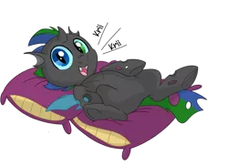 Size: 1024x745 | Tagged: artist:itstaylor-made, belly, blue changeling, changeling, cute, cute bug noises, cuteling, derpibooru import, double colored changeling, fangs, green changeling, heterochromia, imminent belly rub, looking at you, oc, oc:izzy the changeling, on back, open mouth, pillow, safe, simple background, smiling, solo, transparent background, underhoof, unofficial characters only