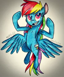 Size: 815x981 | Tagged: safe, artist:monkis24, derpibooru import, rainbow dash, backwards cutie mark, grin, smiling, solo, traditional art