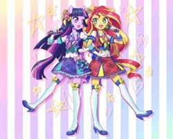 Size: 1415x1146 | Tagged: safe, artist:pimmy, derpibooru import, sunset shimmer, twilight sparkle, twilight sparkle (alicorn), equestria girls, rainbow rocks, clothes, cosplay, cute, dress, duo, heart, microphone, no pupils, open mouth, pixiv, ponied up, pripara, singing, stars, stockings, thigh highs