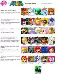 Size: 1150x1499 | Tagged: adagio dazzle, applejack, birthday game, bowser, bowser jr, derpibooru import, derpy hooves, diddy kong, discord, donkey kong, donkey kong country, exploitable meme, fluttershy, king sombra, lord tirek, luigi, mario, meme, pinkie pie, princess celestia, princess daisy, princess luna, princess peach, queen chrysalis, rainbow dash, rarity, rosalina, safe, spike, sunset shimmer, super mario bros., super mario galaxy, super mario land, text, toadette, toad (mario bros), toadsworth, twilight sparkle, waluigi, wario, yoshi