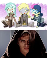 Size: 1280x1595 | Tagged: semi-grimdark, artist:uotapo, derpibooru import, edit, bon bon, derpy hooves, lyra heartstrings, sweetie drops, equestria girls, :o, anakin skywalker, blushing, candy, crossing the line twice, cute, darth vader, derpabetes, doom the movie, glasses, image macro, imminent death, implied death, jedi, lollipop, lyrabetes, meme, mint, moral event horizon, muffin, open mouth, order 66, padawan, pure unfiltered evil, revenge of the sith, sith, sitting, smiling, star wars, this will end in tears and/or death, we are going to hell, why would you post that, wide eyes, wink, you crossed the line twice
