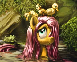 Size: 2000x1614 | Tagged: safe, artist:harwick, derpibooru import, fluttershy, duck, pegasus, pony, :p, bush, cute, duckling, female, hair over one eye, looking up, mare, old version, painting, pond, scenery, shyabetes, smiling, solo, spit, swimming, tongue out, update, water, wet mane