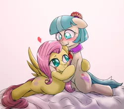 Size: 1143x1000 | Tagged: artist:ushiro no kukan, backbend, blushing, coco pommel, cocoshy, derpibooru import, dilated pupils, ear bite, female, floppy ears, fluttershy, heart, lesbian, nervous, pregnant, safe, shipping, smiling, snuggling, spread wings, wavy mouth, wings