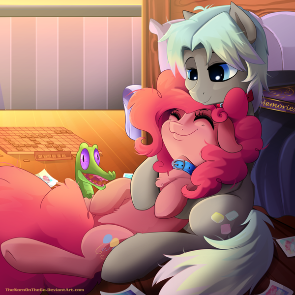 Size: 900x900 | Tagged: safe, artist:thenornonthego, derpibooru import, gummy, pinkie pie, oc, oc:merry mint, bed, bedroom, bedroom eyes, canon x oc, collar, cute, diapinkes, floppy ears, pet, shipping, snuggling