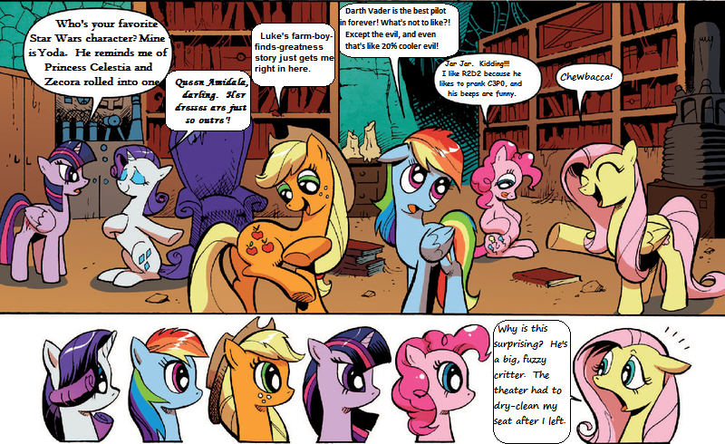 Size: 800x490 | Tagged: questionable, derpibooru import, edit, idw, applejack, fluttershy, pinkie pie, rainbow dash, rarity, twilight sparkle, twilight sparkle (alicorn), alicorn, earth pony, pegasus, pony, unicorn, spoiler:comic, spoiler:comic17, c3po, chewbacca, darth vader, exploitable meme, jar jar binks, luke skywalker, mane 6 interests, mane six, meme, padme amidala, r2-d2, star wars, vaginal secretions, vulgar, yoda