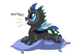 Size: 1980x1440 | Tagged: artist:itstaylor-made, changeling, cute, cute bug noises, cuteling, derpibooru import, double colored changeling, oc, oc:izzy the changeling, open mouth, pillow, prone, safe, simple background, smiling, solo, transparent background, unofficial characters only